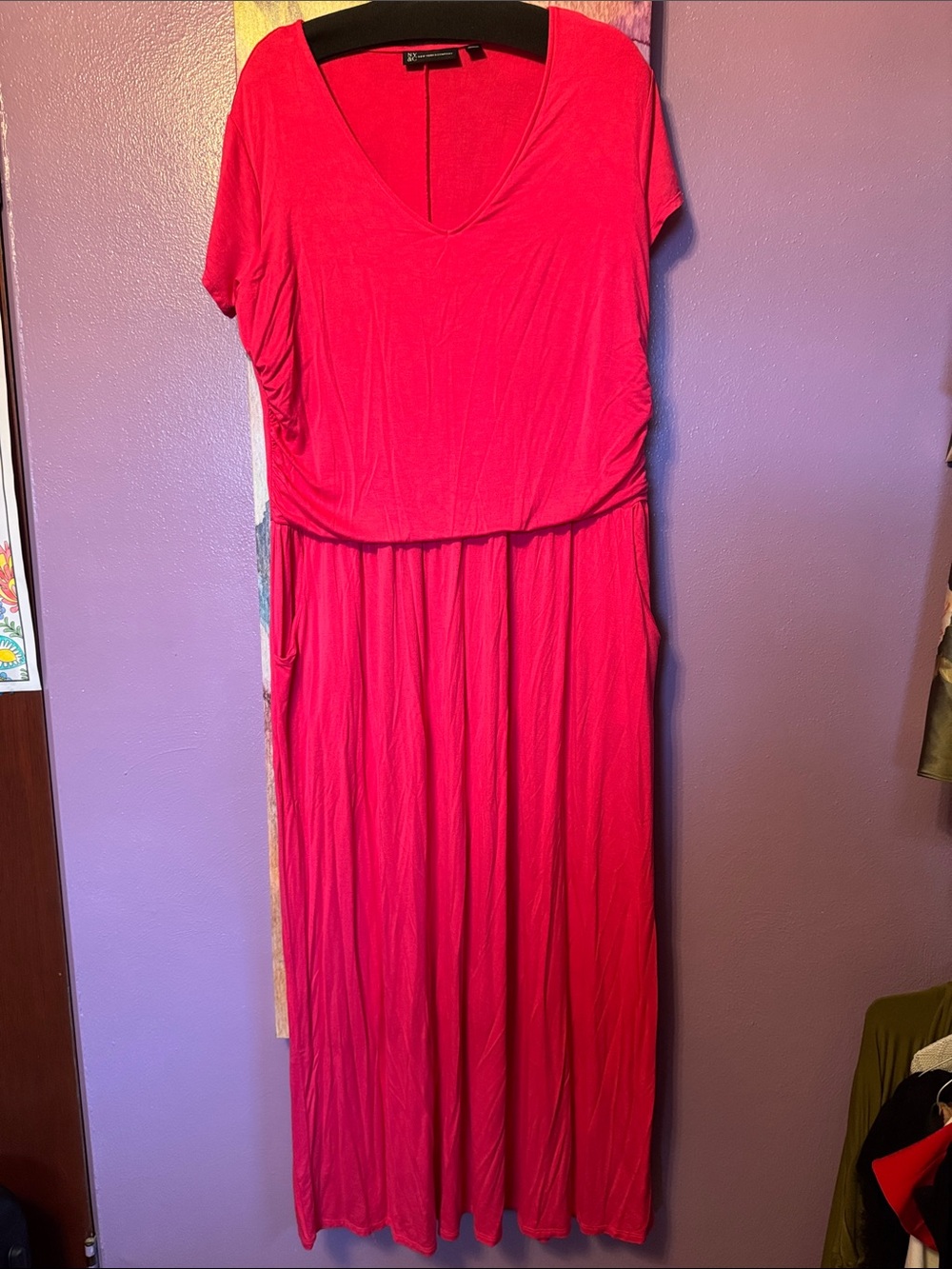 New York & Company Bright Pink V-Neck Short Sleeve Maxi Dress